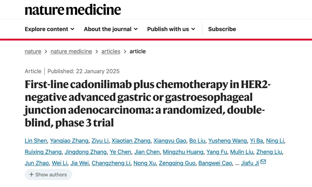 Cadonilimab (PD-1/CTLA-4) Phase III Data for First Line Treatment of Advanced Gastric Cancer  Published in Nature Medicine